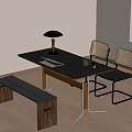 Modern Dining Space With Black Table Rattan Chairs Wooden Bench And Tabletop Lamp