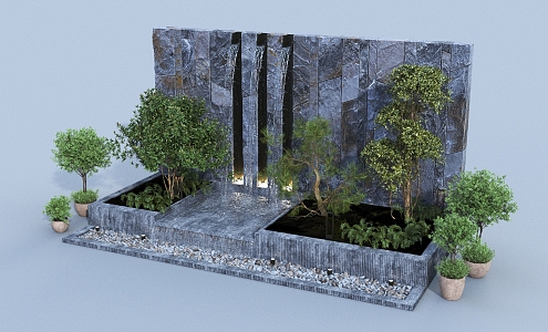 Chinese Flowing Waterfall Door Head Landscape Tree Chinese Potted Plant Green Plant Flower Box Potted Chinese Tree Shrub Potted Waterfall Pool 3d model