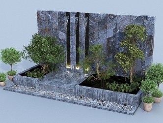 Chinese Flowing Waterfall Door Head Landscape Tree Chinese Potted Plant Green Plant Flower Box Potted Chinese Tree Shrub Potted Waterfall Pool 3d model