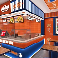 Bright Orange And Blue Mall Braised Food Shop With Counter Menu Screens And Seating