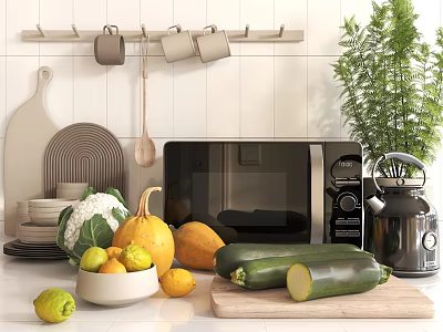 Fresh Vegetables And Kitchen Utensils On Countertop With Microwave Kettle And Bowls 3d model