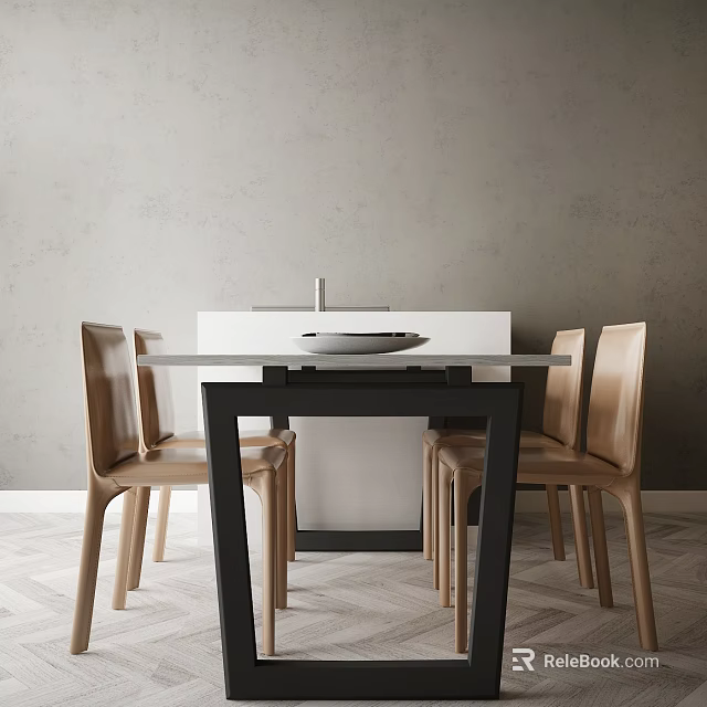 Minimalist Dining Table Set With Light Wood Chairs And Black Legs In Grey Wall Room 3d model 