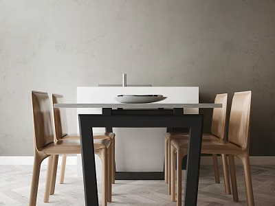 Minimalist Dining Table Set With Light Wood Chairs And Black Legs In Grey Wall Room 3d model