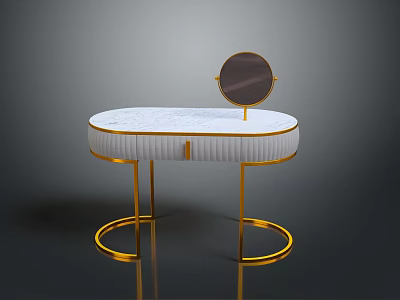 Elegant Modern Dressing Table With White Countertop And Golden Round Mirror 3d model
