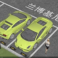 Yellow Lamborghini Sports Cars Parked in Parking Lot with Woman Walking