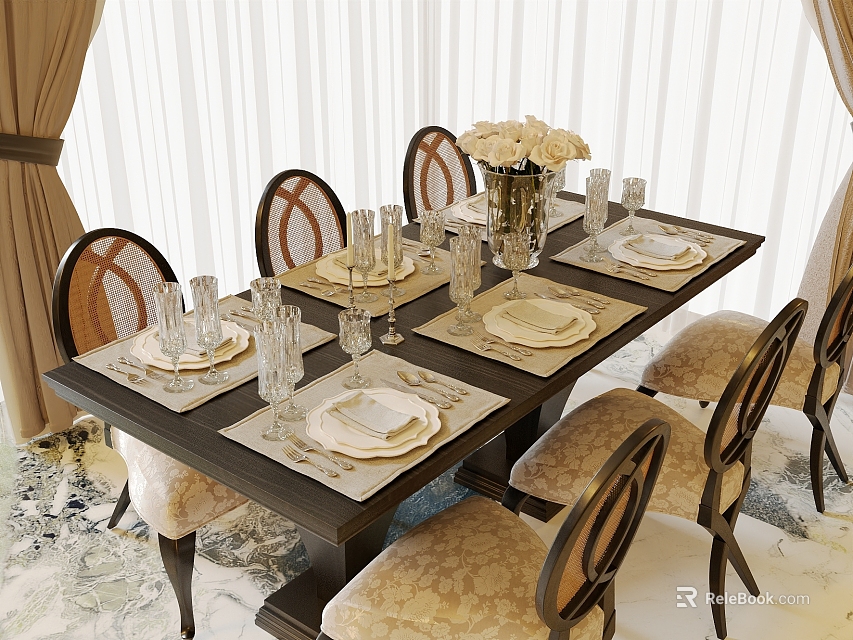 Elegant Dining Table Set With Rattan Back Chairs Placemats Tableware Glasses And Floral Vase 3d model 