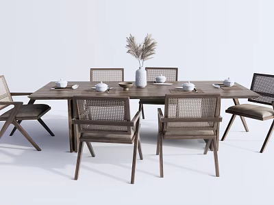 Wooden Dining Table Set with Six Wicker Back Chairs and Dried Plant Vase 3d model