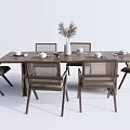 Wooden Dining Table Set with Six Wicker Back Chairs and Dried Plant Vase