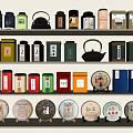 Traditional Tea Room Interior With Colorful Tea Cans Teapot And Round Tea Cakes On Shelves