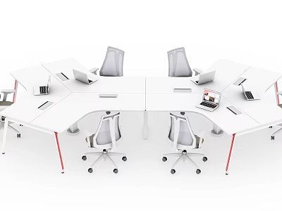 Modern Office Desk With White Surface Ergonomic Chairs And Laptop Workstations 3d model