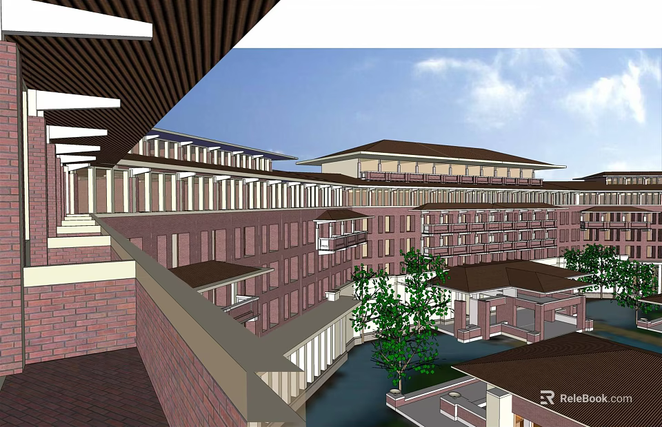 Traditional Style Hotel Building With Multi story Structure Courtyard And Water Feature 3d model 