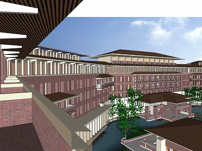Traditional Style Hotel Building With Multi story Structure Courtyard And Water Feature 3d model
