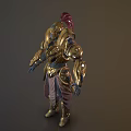 Golden Armor Sci Fi Warrior Character With Red Plume And Metallic Blue Accents