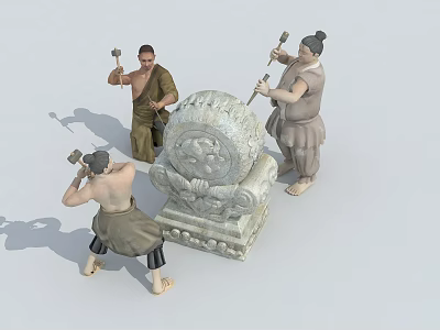 Three Men Wearing Traditional Attire Beating Ornate Carved Drum Together 3d model