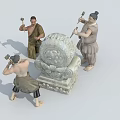 Three Men Wearing Traditional Attire Beating Ornate Carved Drum Together