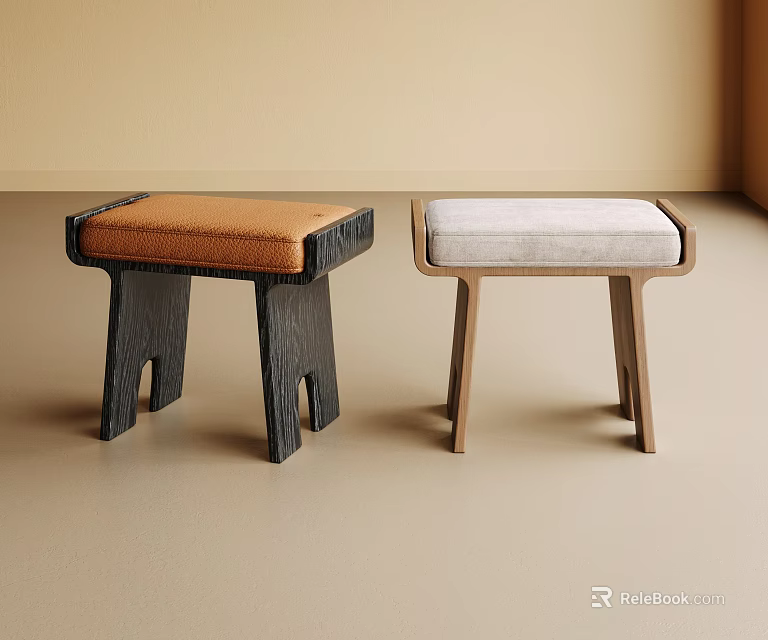 Modern Sofa Stools With Brown And Light Upholstered Seats And Dark And Light Wooden Legs 3d model 