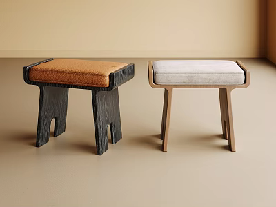 Modern Sofa Stools With Brown And Light Upholstered Seats And Dark And Light Wooden Legs 3d model
