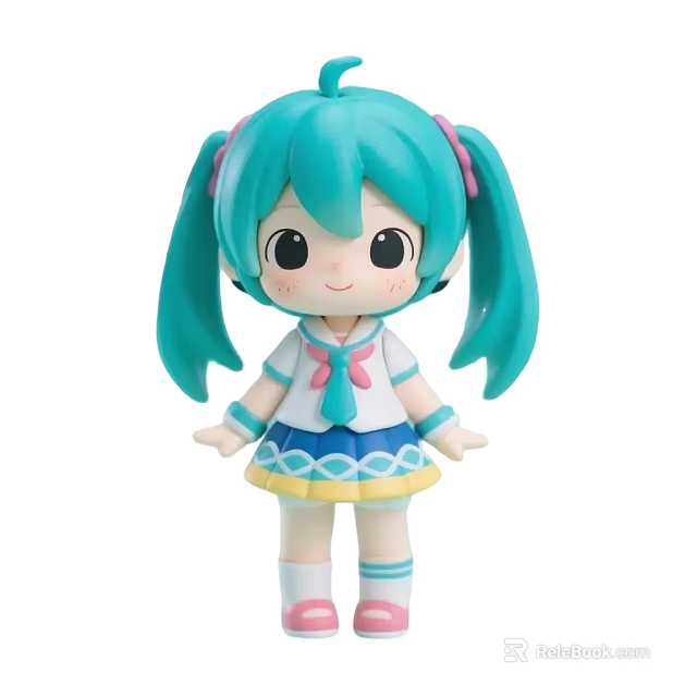 Cute Anime Game Character Doll With Teal Pigtails Big Eyes White Top And Blue Bow 3d model 