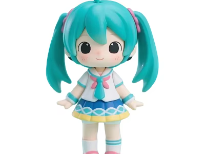 Cute Anime Game Character Doll With Teal Pigtails Big Eyes White Top And Blue Bow 3d model