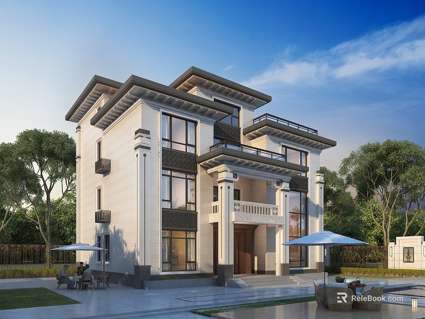 Traditional Chinese Detached Villa With White Exterior Lush Trees Pool And Patio Furniture 3d model 
