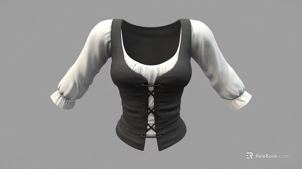 Fitted Black Vest Top with White Long Sleeves and Front Lacing Detail 3d model 