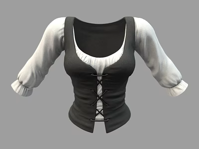 Fitted Black Vest Top with White Long Sleeves and Front Lacing Detail 3d model