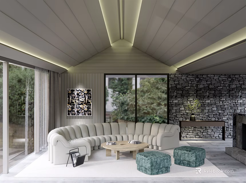 Modern Living Room With Curved Beige Sofa Wooden Coffee Table Green Ottomans And Large Windows 3d model 