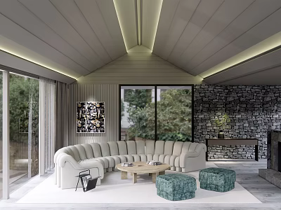 Modern Living Room With Curved Beige Sofa Wooden Coffee Table Green Ottomans And Large Windows 3d model