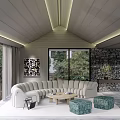Modern Living Room With Curved Beige Sofa Wooden Coffee Table Green Ottomans And Large Windows