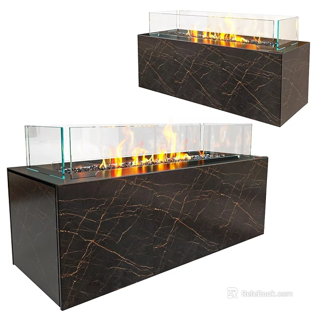 Modern Black Marble Fireplace With Glass Panel And Burning Flame Texture 3d model 