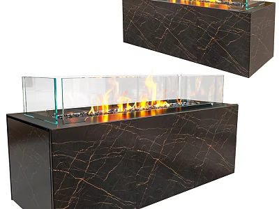 Modern Black Marble Fireplace With Glass Panel And Burning Flame Texture 3d model