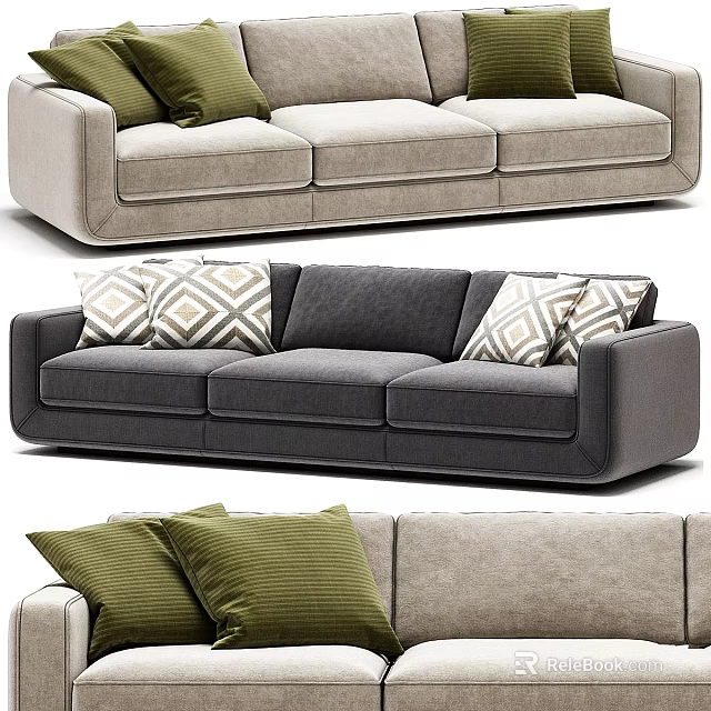 Modern Style Sofas With Gray Beige Upholstery And Green Geometric Pillows 3d model