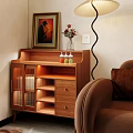 Modern Wooden Console Table with Drawers Shelves Floor Lamp Green Plant and Decorative Painting