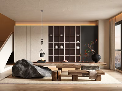 Zen Modern Tea Room Interior With Stone Table Wooden Shelf And Hanging Lantern 3d model
