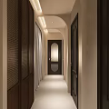 Modern Hotel Corridor Featuring Dark Wooden Doors Gold Handles Recessed Lighting And Decorative Plant