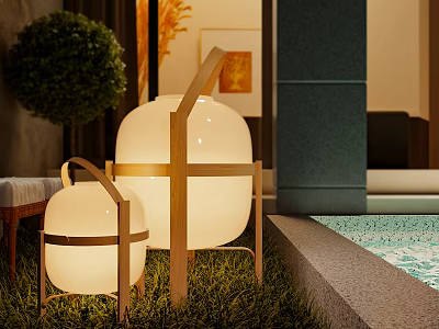 Outdoor Lights with Wooden Frame Lantern Shaped White Shade for Poolside Garden Lawn Decorative Lighting 3d model