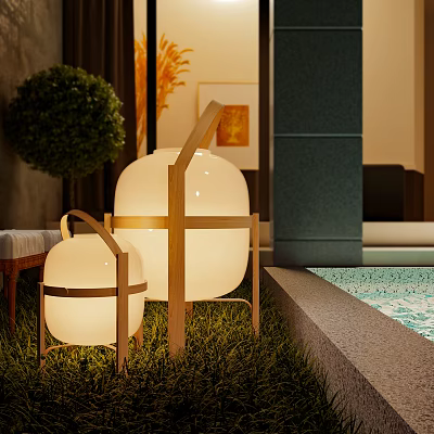 Outdoor Lights with Wooden Frame Lantern Shaped White Shade for Poolside Garden Lawn Decorative Lighting 3d model