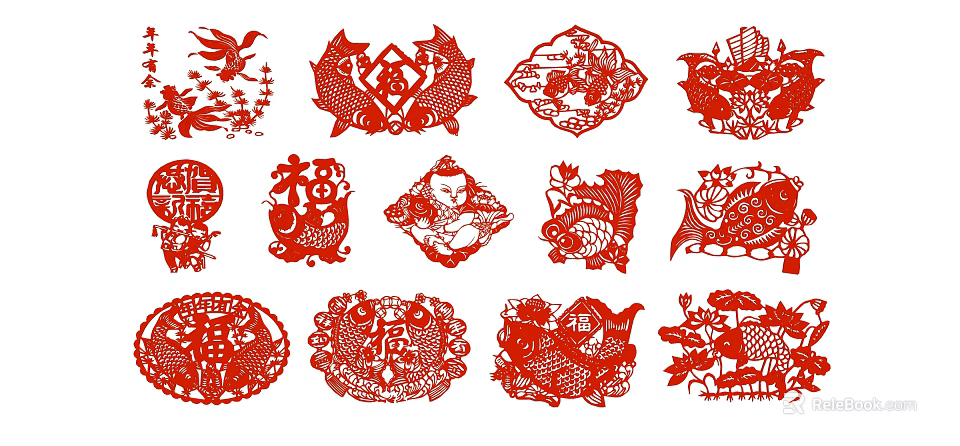 Traditional Chinese Red Paper Cut Wall Decor with Fish Fortune Character and Floral Patterns 3d model 