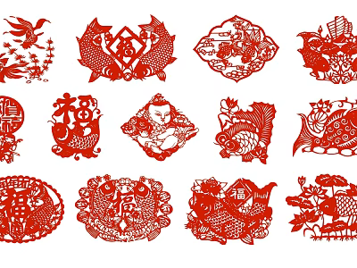 Traditional Chinese Red Paper Cut Wall Decor with Fish Fortune Character and Floral Patterns 3d model