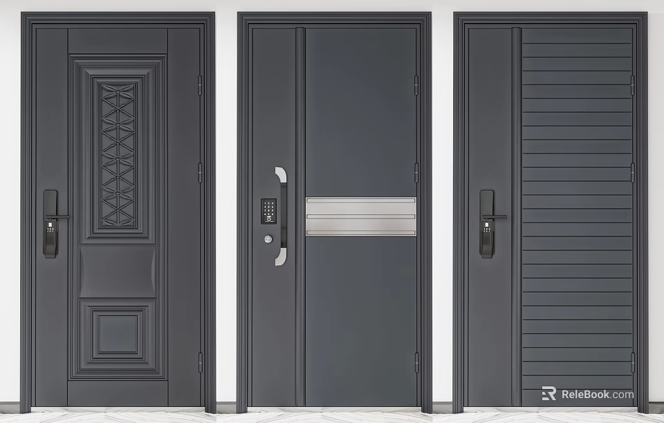 Dark Gray Swing Doors With Decorative Patterns Smart Lock And Vertical Stripes Design 3d model
