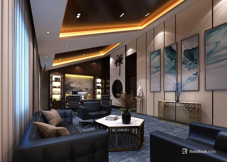 Modern Office Interior Design With Leather Sofas Coffee Table And Decorative Paintings 3d model