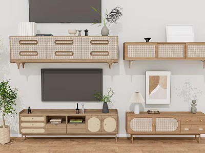Wooden TV Stand With Modern Design Drawers Decorative Plants Table Lamp And Painting 3d model