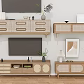 Wooden TV Stand With Modern Design Drawers Decorative Plants Table Lamp And Painting