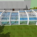 Modern Transparent Glass Canopy Structure Connecting Building With Green Lawn And Shrubs