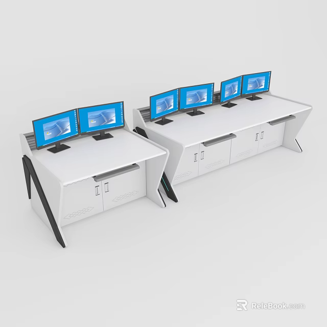 Modern Office Desks With Multiple Monitors And Storage Cabinets For Workspace 3d model 