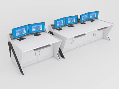 Modern Office Desks With Multiple Monitors And Storage Cabinets For Workspace 3d model