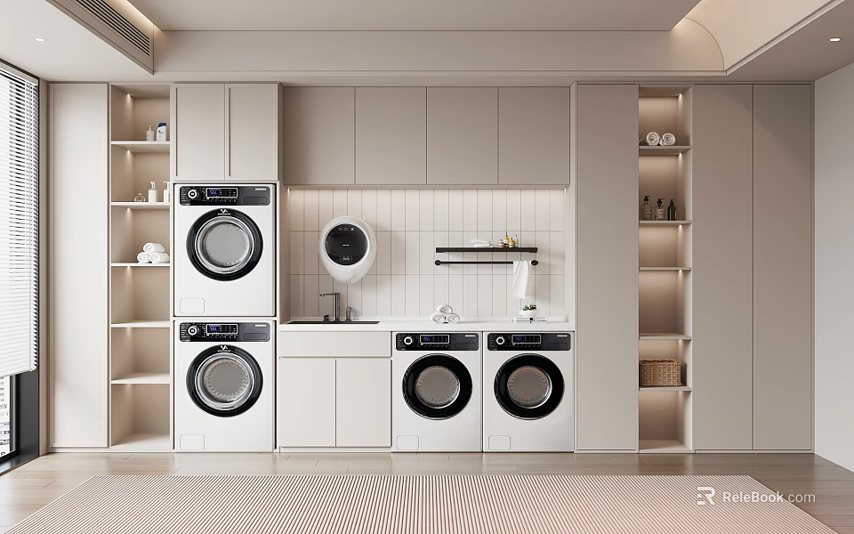 Modern Laundry Room Interior With Stacked White Washing Machines And Cabinets 3d model 