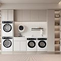 Modern Laundry Room Interior With Stacked White Washing Machines And Cabinets