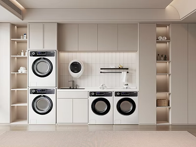 Modern Laundry Room Interior With Stacked White Washing Machines And Cabinets 3d model