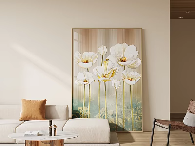 Modern Living Room Interior With Sofa And Coffee Table Set White Flower Wall Art 3d model